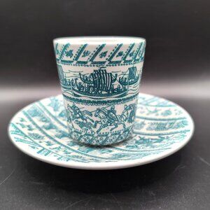 Vtg Danish Nymolle Art Faience Hoyrup Teal/Wht Demitasse/Saucer Limited Ed CRACK
